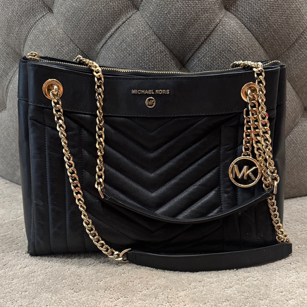 Michael Kors Black Chevron Shoulder Bag with Gold Chain